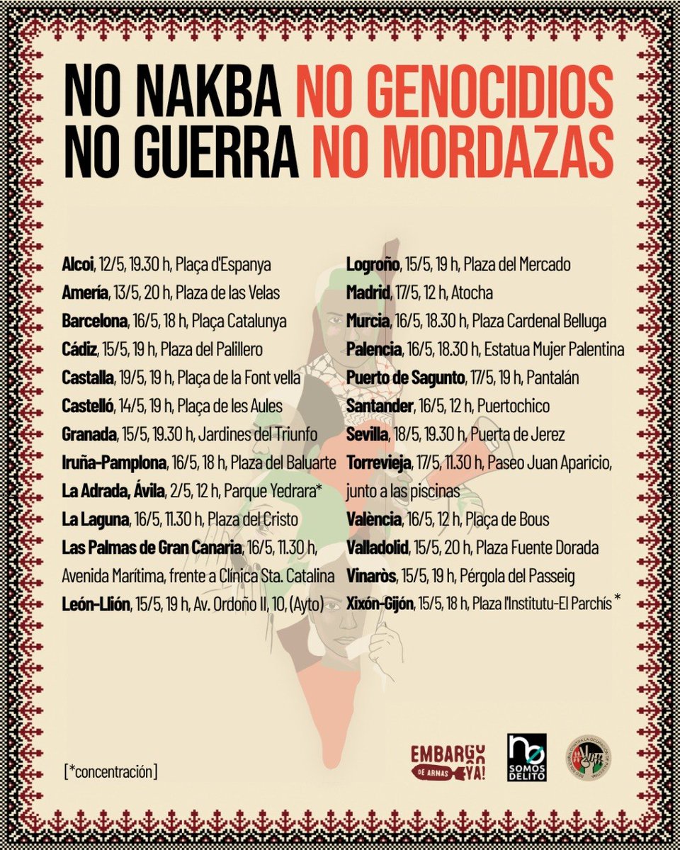 BDSMadrid's tweet photo. 📢 Este mayo volvemos a llenar las calles en ciudades del Estado por Palestina, cuando se cumplen 78 años de Nakba continuada.
❌ El fin del colonialismo
🗝️ Por el Derecho al Retorno
 ❌ Basta de mordazas  y represión
🕊️ Liberación de lxs presxs palestinxs, Saif y Thiago. https://t.co/pBw3x2SBmZ