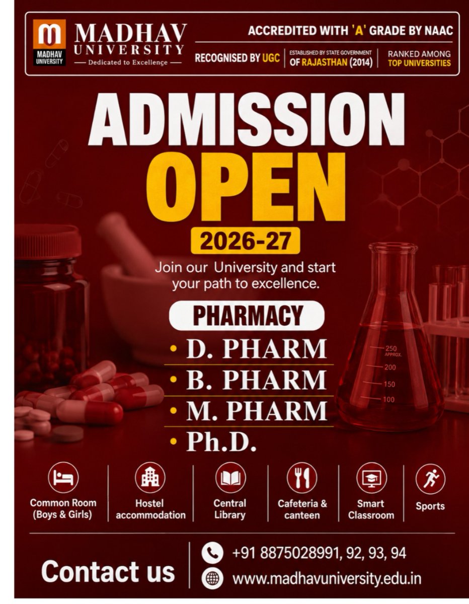 madhavuniversty's tweet photo. ๐งช Shape Your Future with Pharmacy Education at Madhav University ๐ซ
Experience quality education, smart classrooms, modern facilities & expert guidance ๐
๐ข Admissions Open 2026โ27
#Pharmacy #BPharm #DPharm #MPharm #PharmacyStudent #Healthcare #MadhavUniversity https://t.co/JDNbW4Vyf0