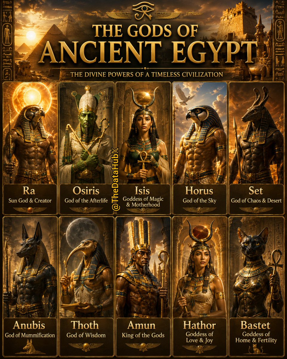 TheDataHubX's tweet photo. The Gods of Ancient Egypt 🏺

1) 🇪🇬 Ra → Sun God & Creator
2) 🇪🇬 Osiris → God of the Afterlife
3) 🇪🇬 Isis → Goddess of Magic & Motherhood
4) 🇪🇬 Horus → God of the Sky
5) 🇪🇬 Set → God of Chaos & Desert
6) 🇪🇬 Anubis → God of Mummification
7) 🇪🇬 Thoth → God of Wisdom
8) 🇪🇬 Amun → King of the Gods
9) 🇪🇬 Hathor → Goddess of Love & Joy
10) 🇪🇬 Bastet → Goddess of Home & Fertility

Note: Ancient Egyptian gods were often depicted with human bodies and animal heads, symbolizing different powers, traits, and roles in mythology. 
Modern artistic recreations are based on historical carvings, temple paintings, and ancient Egyptian beliefs.
