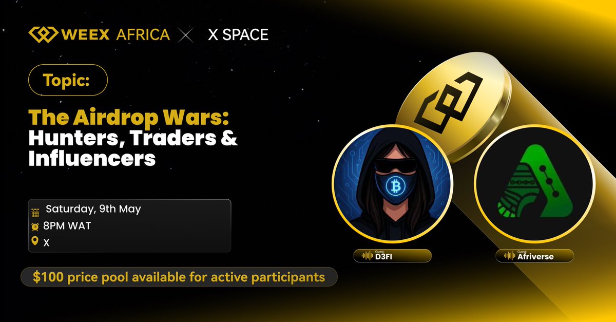 🎉 We are going live today at 8PM WAT Winners 

👉Set reminder: x.com/i/spaces/1qKDz…

🚀 $100 prize pool available for active participants 

Guest: <a href="/web3Xs/">d3fi</a>