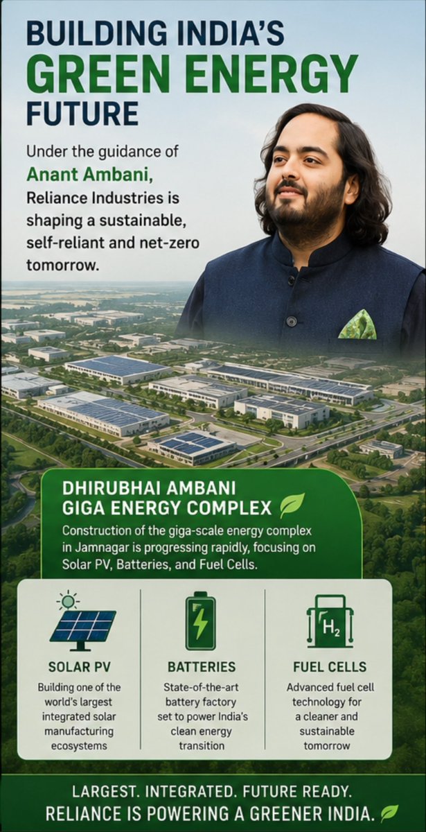 SamratDhar3070's tweet photo. #Anant2026Vision  Under Anant Ambani's leadership, Reliance is transforming India's energy landscape with innovative strides in solar power, cutting-edge battery solutions, and groundbreaking advancements in green hydrogen technology. https://t.co/HpZrnCdePg