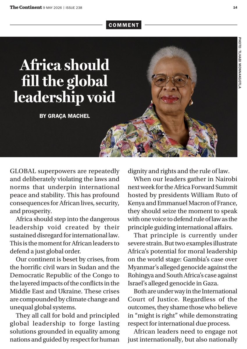 TheElders's tweet photo. "Africa should step into the dangerous leadership void created by [global superpowers'] sustained disregard for international law." 

Ahead of the #AfricaForward Summit in Nairobi next week, read Graça Machel's op-ed in @thecontinent_ on protecting the rule of law. https://t.co/5G2wYg7AJQ