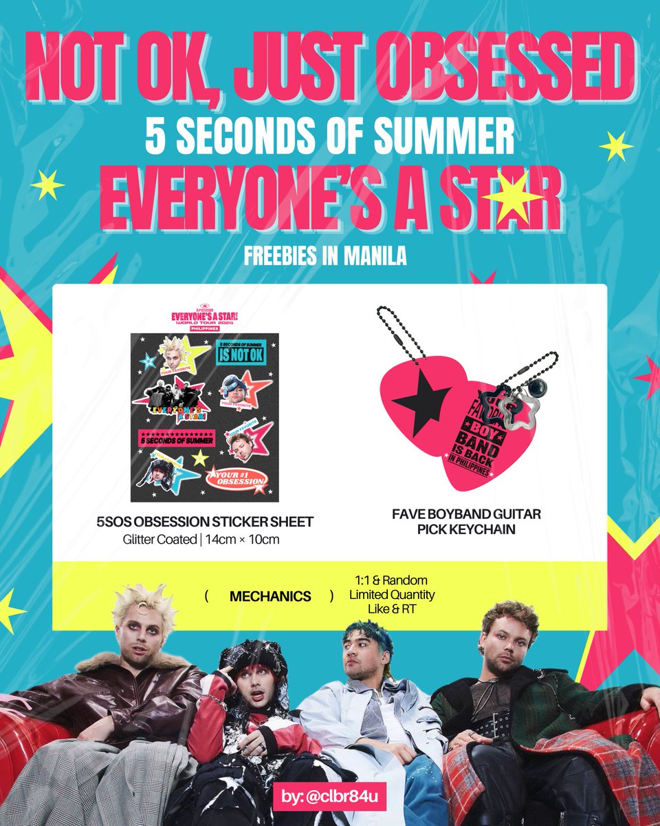 NOT OK, JUST OBSESSED ᯓ★｡⋆𖦹.✧˚

Freebies for #5SOSinManila EAS! Tour

★ Day 1 📅 (November 11)
★ Time &amp; location — TBA
★ DM for trades 💌 (limited only)

SEE YOUUU~

🏷️ everyone’s a star tour in the philippines