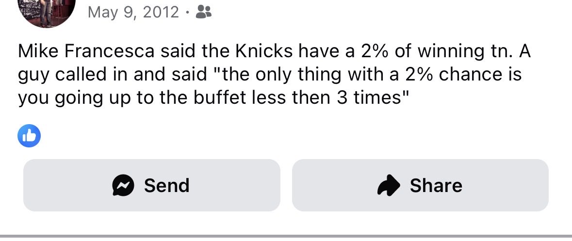 thatdudefandi's tweet photo. 14 years ago when Francesca was the after noon drive, and the Knicks made the playoffs going against LeBron wade heat.  Someone called in and said this. @BackAftaThis can you find this? https://t.co/EeUoWGfEQ9