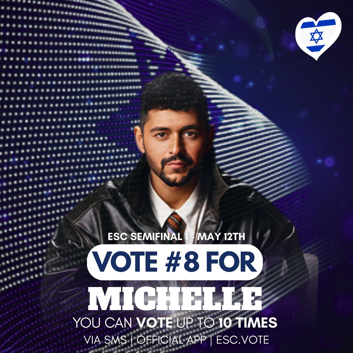 _Selma_Lindberg's tweet photo. Semi-Final 1 is on MAY 12TH and Israel needs YOUR votes! 🇮🇱✨ Vote #8 for MICHELLE — up to 10 times via SMS, the official app, or ESC . VOTE! Let's get Eurovision to Tel Aviv ! 🗳️🎶 #Eurovision #ESC2026 #VoteMichelle #VoteIsrael #Vote08 #EurovisionSongContest https://t.co/Ow7qbrm5oP