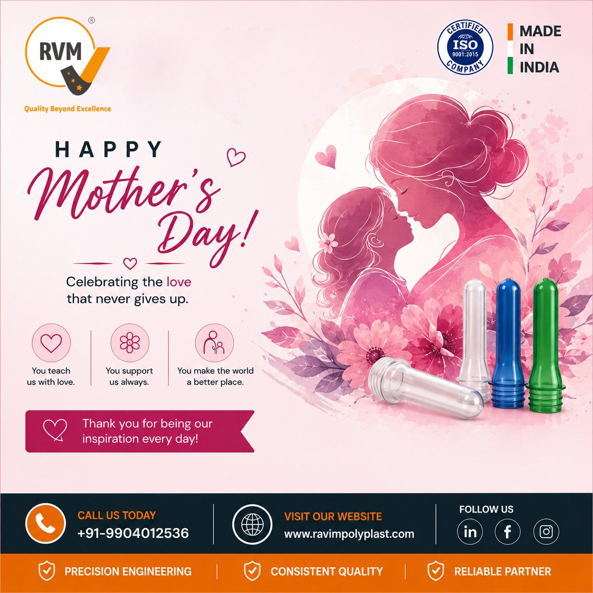 rvm_preforms's tweet photo. 🌸 Happy Mother’s Day 🌸

Today, we celebrate the unconditional love, endless care, and strength of every mother who makes the world brighter every day. 💖

At Ravim Polyplast India Pvt. Ltd., we honor all the amazing mothers who inspire us with their dedication and kindness. https://t.co/zk2Zh5yGbV