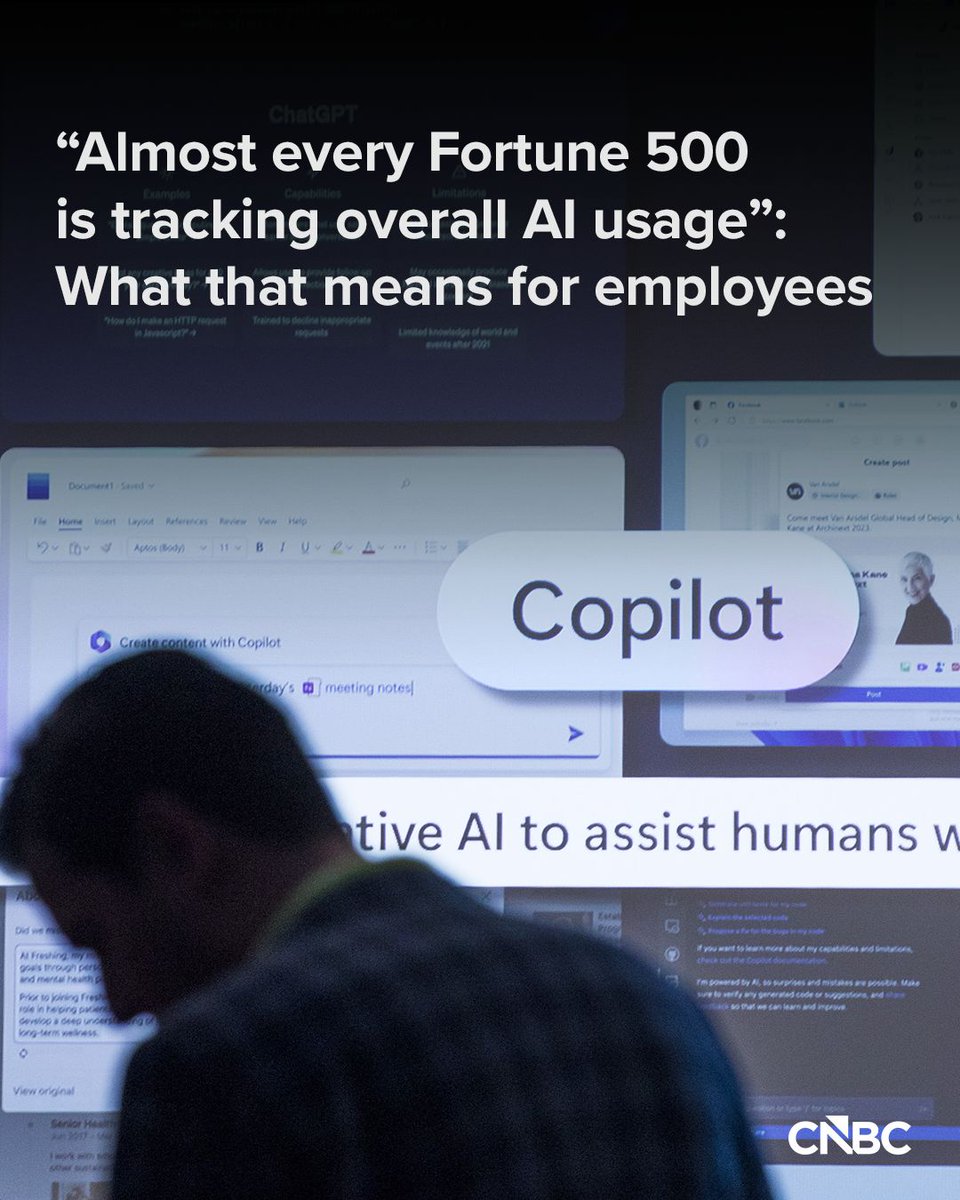 CNBC's tweet photo. With companies spending more than ever on artificial intelligence, they are also tracking how employees use AI in unprecedented detail. Yet many CEOs hope, but still can’t tell, if it’s making workers more productive.

“Almost every Fortune 500 is tracking overall AI usage,” said Jim Olsen, CTO of ModelOp. But very few are tracking what the board actually cares about: whether that spending is delivering return on investment,” he said.

Read the full story: https://t.co/6sxcw2nVl8