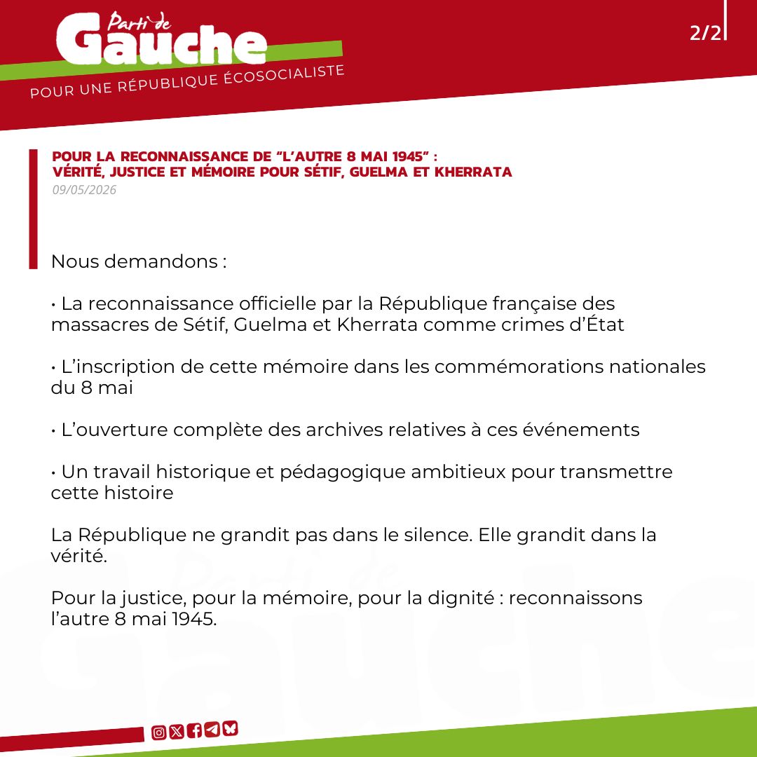 LePG's tweet photo. Pour la reconnaissance de “l’autre 8 mai 1945” : vérité, justice et mémoire pour Sétif, Guelma et Kherrata
#8mai https://t.co/RuTAsX0Wi6