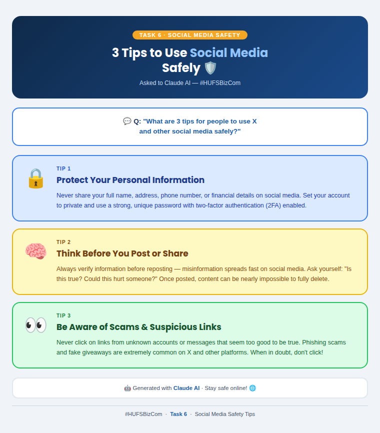 millie31gbt's tweet photo. Task 6 

3 tips to use social media safely.
Generated by Claude AI.

 #HUFSBizCom https://t.co/1gZyXmmB0R