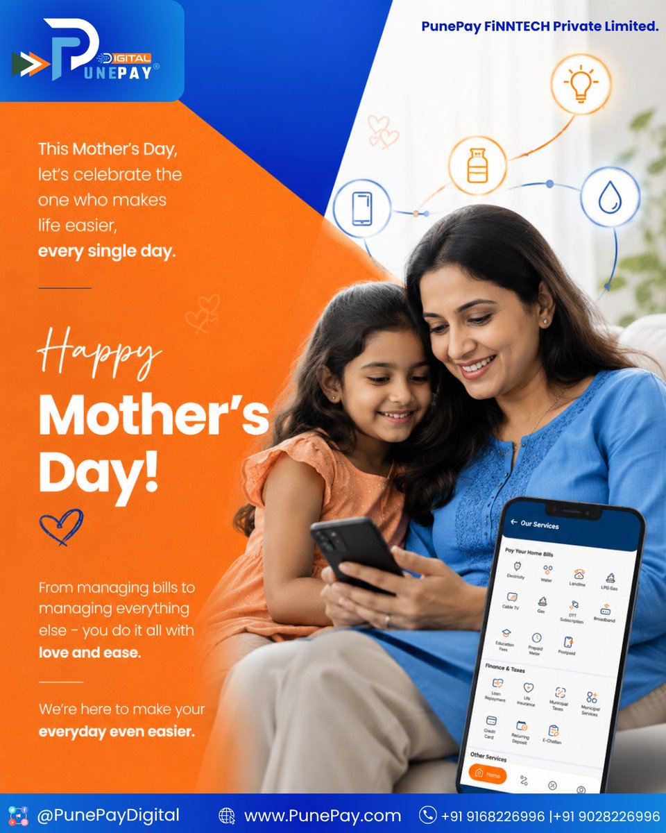 PunePayDigital's tweet photo. Behind every smooth day, every caring moment, and every little comfort… there’s a mother making it all happen 💙
Happy Mother’s Day from PunePay Digital 💐

𝐏𝐮𝐧𝐞𝐏𝐚𝐲 𝐃𝐢𝐠𝐢𝐭𝐚𝐥 : https://t.co/gS5wxlCuSA

#HappyMothersDay #MothersDay2026 #PunePay #PunePayDigital https://t.co/3nU6zRIAg4