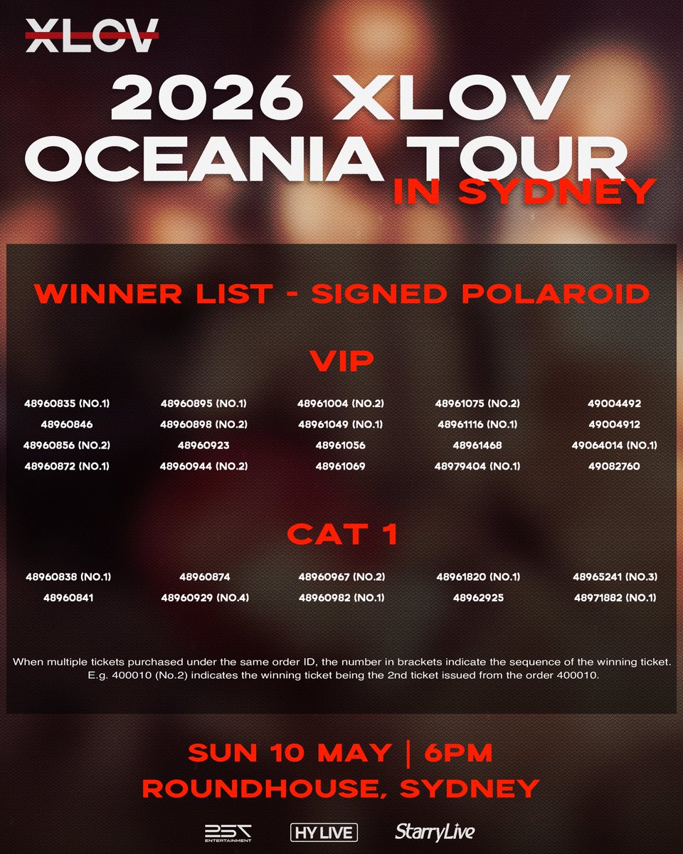 StarryLiveEnt's tweet photo. 2026 XLOV OCEANIA TOUR IN SYDNEY
 
Lucky Draw Winners Announced 🎁
 
The countdown is on— Sydney night, get ready to celebrate 🔥
 
Thank you to every EVOL for your understanding and passionate support.
Lucky draw winners for Sydney are out! Come and see if your order ID is there! Please find your order ID in your ticket page.
 Have your e-ticket ready and collect your reward within the designated time.
 
See you very soon 🖤
 
[Sydney]
📆 SUN 10 MAY | 6PM | All Ages
📍 Roundhouse
🎟️ https://t.co/nMnpPOTp0L