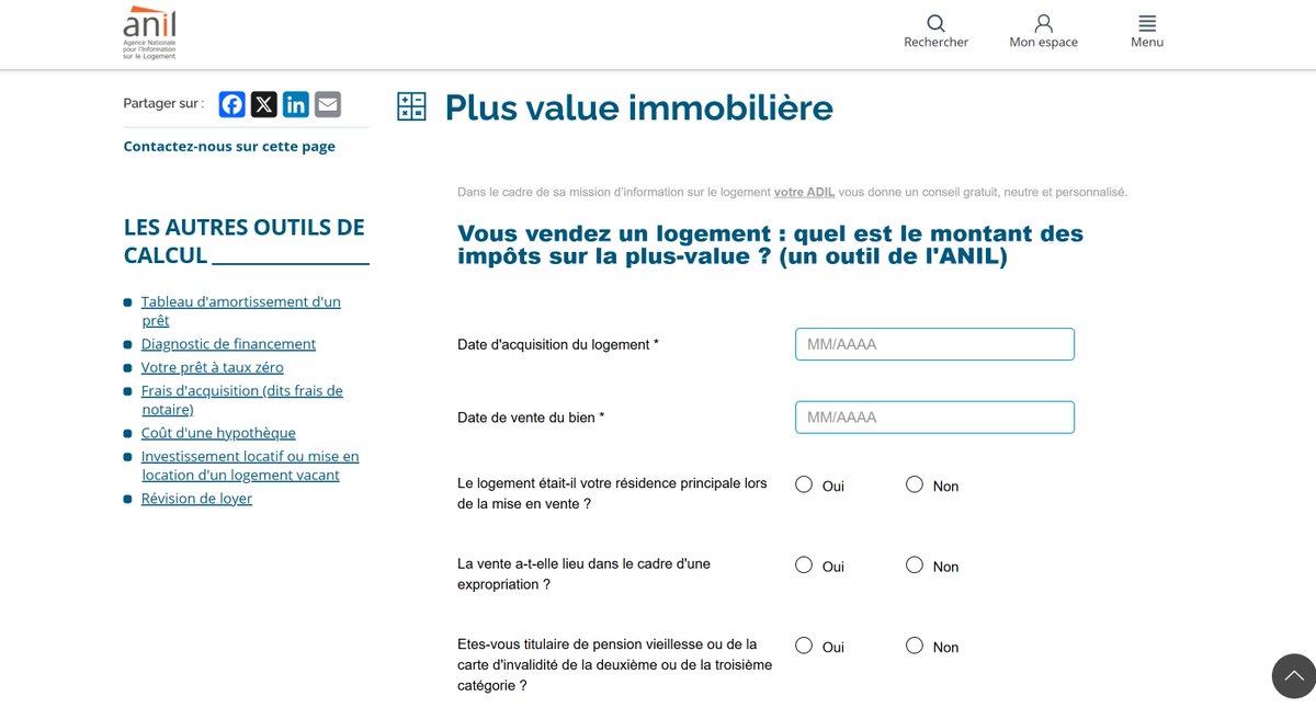 MedhiAsten's tweet photo. Si vous souhaitez calculer facilement la plus-value potentielle d'un bien immobilier.

Rendez-vous sur le site de l'ANIL et entrez les données dans leur outil. Simple, rapide. https://t.co/ypsqlK4q1s