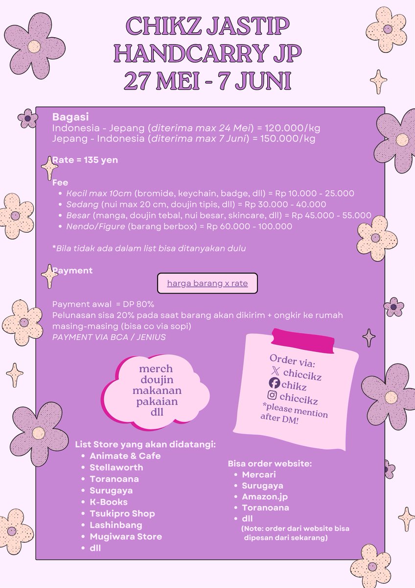 chiccikz's tweet photo. OPEN JASTIP HANDCARRY JEPANG  ✨✨

🔁 and 💜 are appreciated~(⁠´⁠∩⁠｡⁠•⁠ ⁠ᵕ⁠ ⁠•⁠｡⁠∩⁠`⁠)

Haaai, aku buka jastip handcarry jp buat tanggal 27 mei - 7 junin dengan rate 135 yen. 

untuk fee bisa diliat di gambar atau kalo tidak yakin bisa tanya dulu siniii. https://t.co/2vEmgdaesI