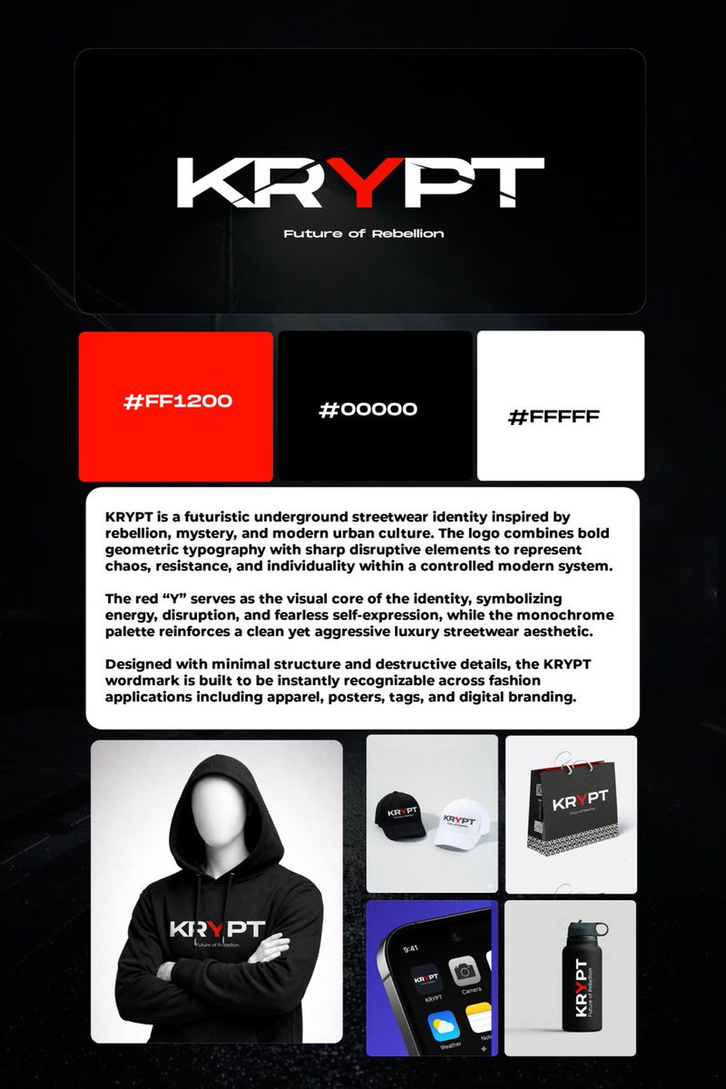 chidera_sa91506's tweet photo. Day 2/14 Design Challenge ⚡

KRYPT — a futuristic streetwear identity inspired by rebellion, mystery, and urban culture. Bold geometric typography with disruptive details, built to represent chaos, resistance, and fearless self-expression. https://t.co/RYRBYmOlKu