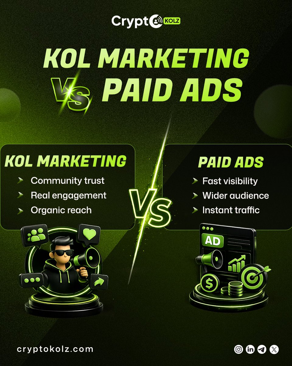 cryptokolz's tweet photo. 📣 KOL Marketing vs Paid Ads - What Works Better in Web3?

Both strategies bring visibility, but the impact is very different in crypto marketing.

Explore - https://t.co/RQrlIAVHaZ

#CryptoMarketing #KOL #Web3 #Blockchain #Crypto https://t.co/PEo0N2hE8v