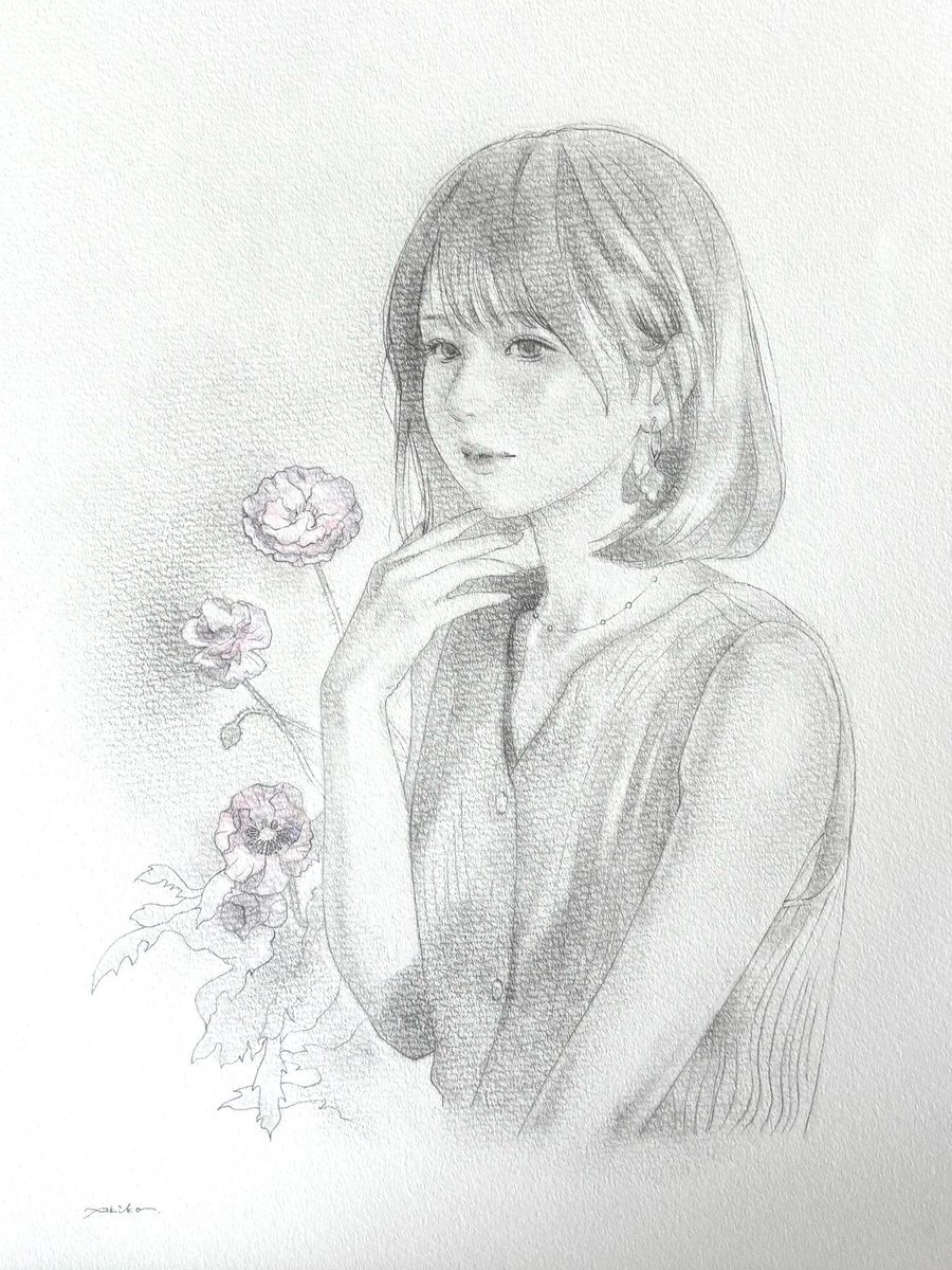 紫色のポピーと女性 素描 A4画用紙 鉛筆 パステル ショート動画を作り