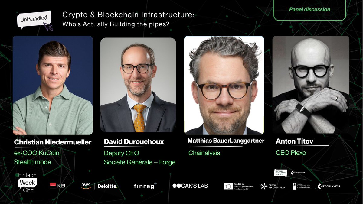 thefintechers's tweet photo. ⛓️ Crypto & Blockchain Infrastructure: Who's Building the Pipes?

Christian Niedermueller @elontour  (ex-COO @kucoincom, now in stealth). David Durouchoux  (Deputy CEO, @SG_Forge). Matthias Bauer-Langgartner (@chainalysis). Anton Titov (CEO, Plexo) moderating.

Four people who work on the infrastructure layer. Exchanges, institutional tokenization, on-chain compliance, and payment rails. One panel at #UnBundled.

May 12, Slovanský dům, Prague.

#FintechWeekCEE #UnBundled