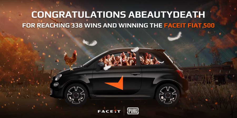 Did you know that in 2019, Faceit hosted a giveaway for a Fiat 500 for the player with the most wins?

Turkish PUBG player ABeautflDeath managed to win the Fiat 500 giveaway with 338 wins while playing for team Digital Athletics.