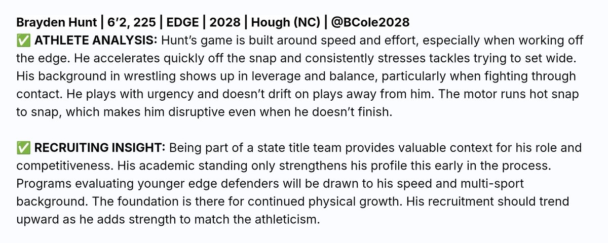 BCole2028's tweet photo. This past year has been nothing but growth. Strength, speed, IQ, character....BIG camp and Junior season ahead. 
Brayden Hunt, c/o 2028
Hough High School (Cornelius, NC)
6'2" 240lbs
DE/Joker
@HoughFB @DeShawnBaker25 @SC_DBGROUP @mjbarnettjr @CoachByrd_ @CoachOfFuture @willbradleysp #HoughWay #HAVOC