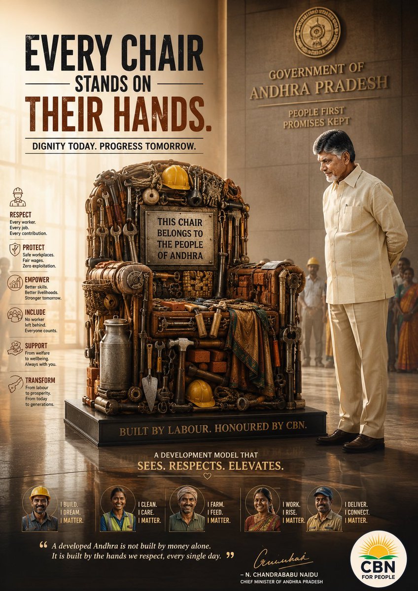 Ayyappa200's tweet photo. Every chair stands on their hands. From the mason to the farmer, the sweeper to the engineer — every worker who builds Andhra. CBN honors their sweat, protects their dignity, and empowers their dreams. This is respect in action. This is People First governance.
#LabourFirst
#CBNForPeople #AndhraRising