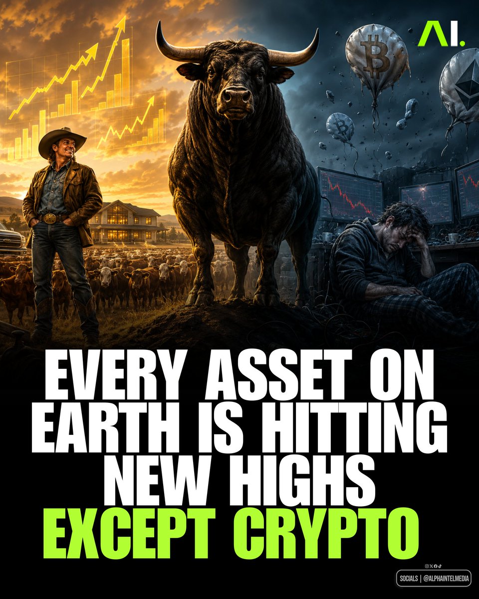 AlphaIntelMedia's tweet photo. BREAKING | Every asset on Earth is hitting new highs… except crypto.

Live Cattle are up a staggering +525% since 2022 and just smashed an all-time high. Meanwhile, your favorite digital tokens are out here getting absolutely farmed by actual cows.
We are officially in the timeline where ranchers are the new crypto millionaires and Bitcoin bros are asking “have you tried grass-fed investing?”
Moo-ve over, Satoshi. The bulls have arrived. 🐮💀