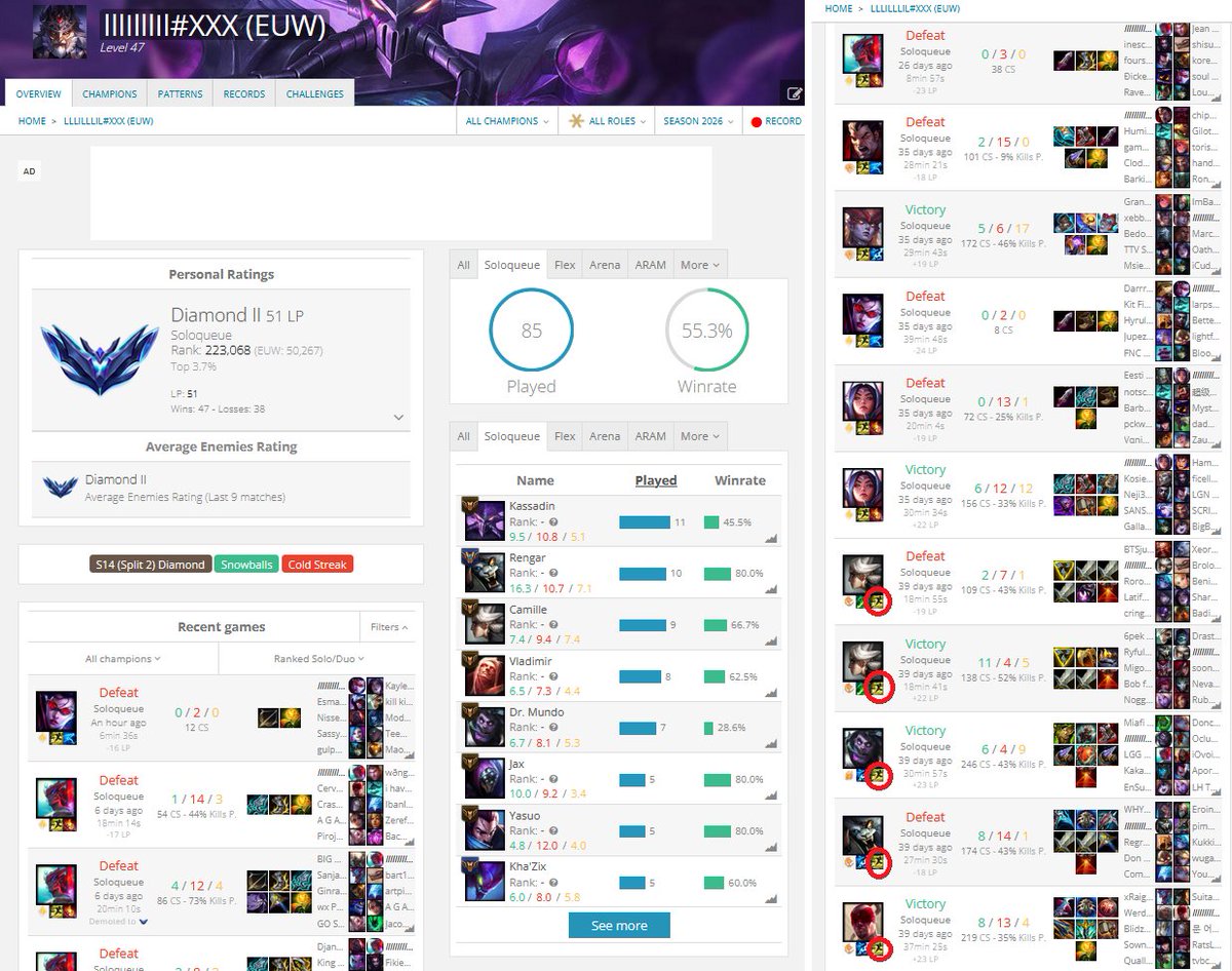 SoloQExposed's tweet photo. Account sharing: Yone/Vayne player with Flash on D has a history of playing Kassadin, Rengar, Camille, ... with Flash on F.
The account is obviously performing worse after summoner swap & changing champ pool.
MMR is in Diamond 1 - Master.
lllIlllIl#XXX
#leaguetwt #SoloQueue https://t.co/hozJzzitQp