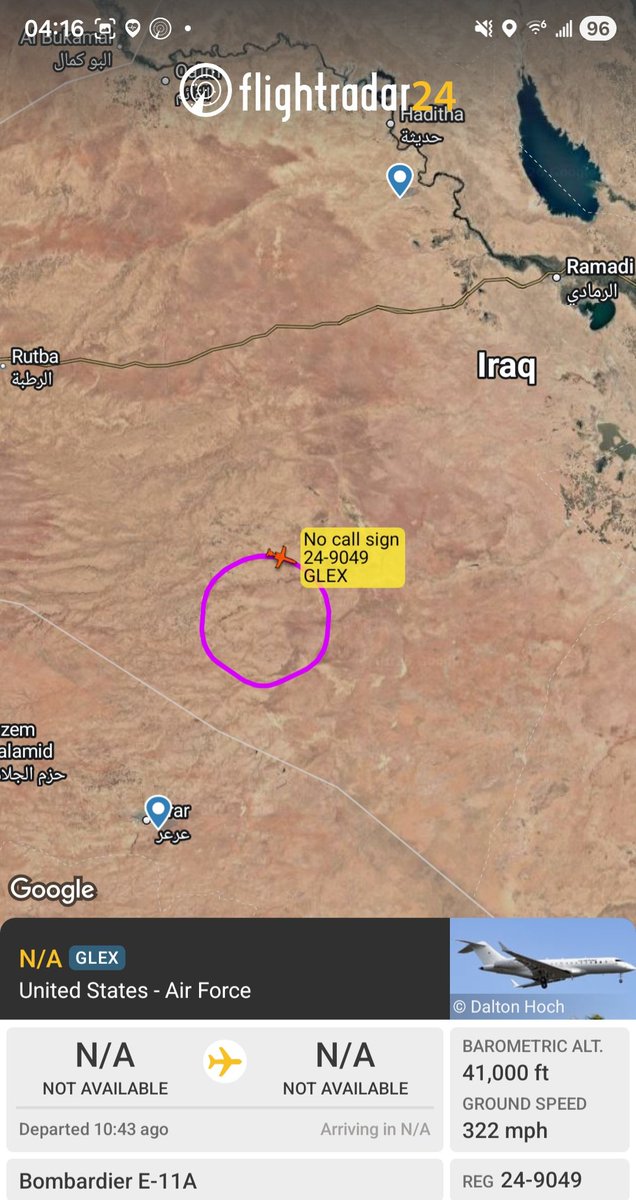 Borrowed7Time's tweet photo. USAF E-11A BACN (Battlefield Airborne Communications Node) 24-9049 #AF83F0 out of Prince Sultan AB is back again, operating over Iraq near the Saudi border.
@sipjack1776 @LadyAstroJet https://t.co/berRwm2FXQ