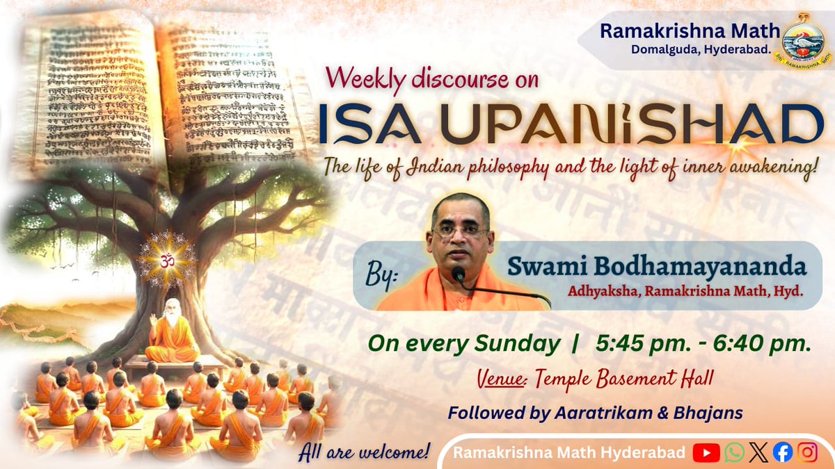 rkmathdotorg's tweet photo. Watch Weekly class on ISA UPANISHAD (In English) . Webcasting on 10.05.2026  from 5:45 - 6:40 PM IST  Followed by Evening Aaratrikam and Bhajans from 6:45 - 8:00 PM  through our LIVE streaming link: https://t.co/LZmZc3bY2C https://t.co/hIc6uYYXN7