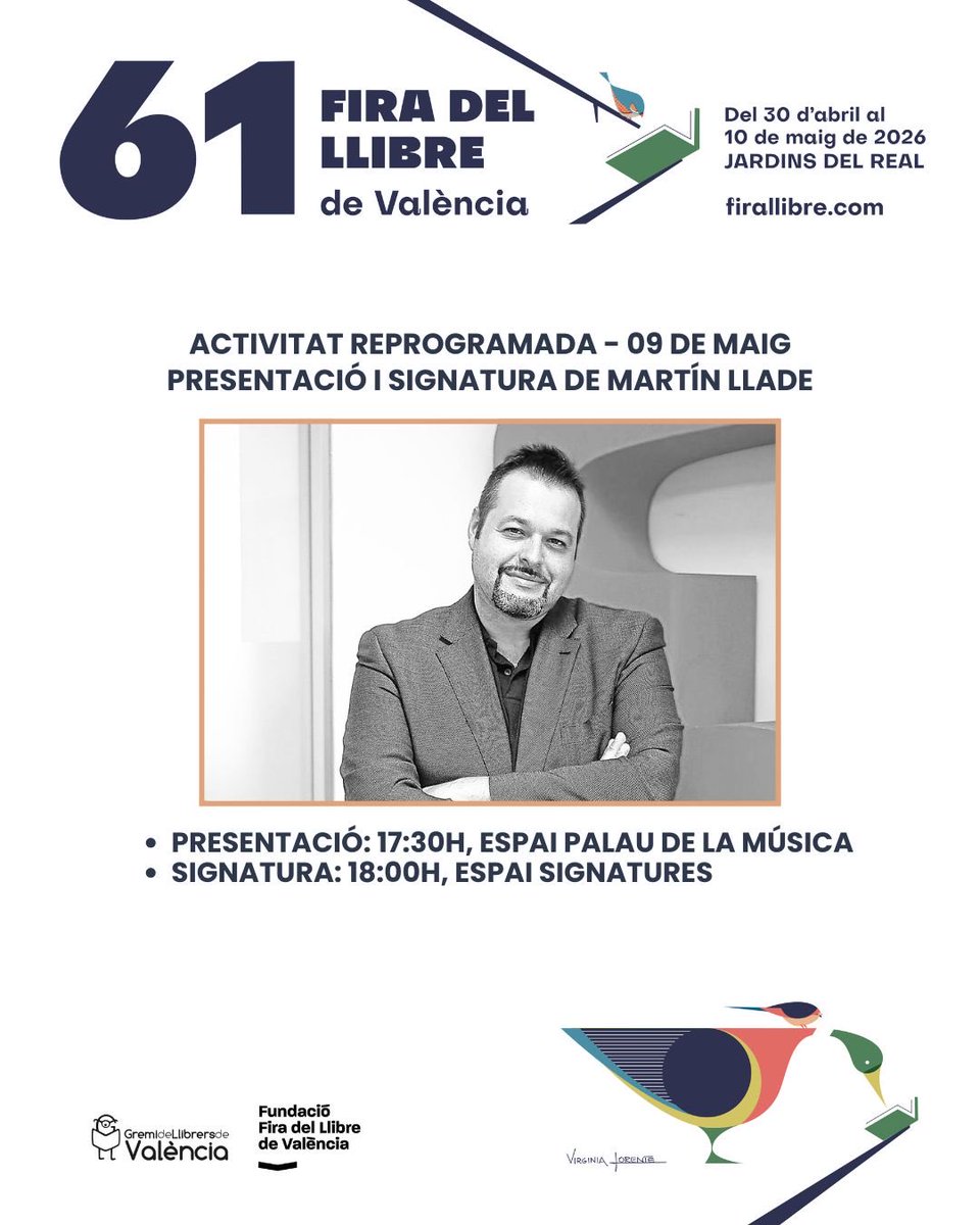 firallibrevlc's tweet photo. Compte amb esta activitat reprogramada de @martinllade per a hui, 09 de maig❗️🗓️

De l’horari de matí, passa al següent horari de vesprada:

👉🏼Presentació: 17:30h, Espai Palau de la Música.

👉🏼Signatura: 18:00h, Espai Signatures. https://t.co/V0HPUuZHcm
