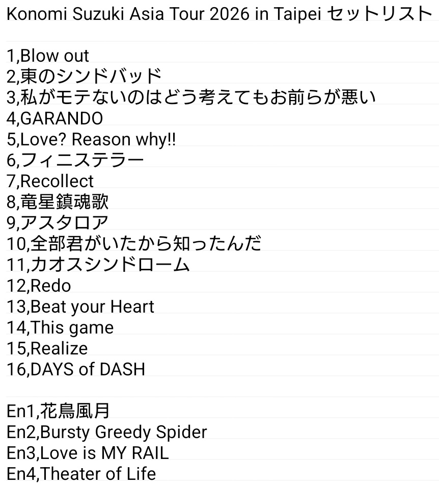 nagato_ism's tweet photo. 鈴木このみ Konomi Suzuki Asia Tour 2026 in Taipei セットリスト

#このみんアジアツアー https://t.co/G057W6Vyuj