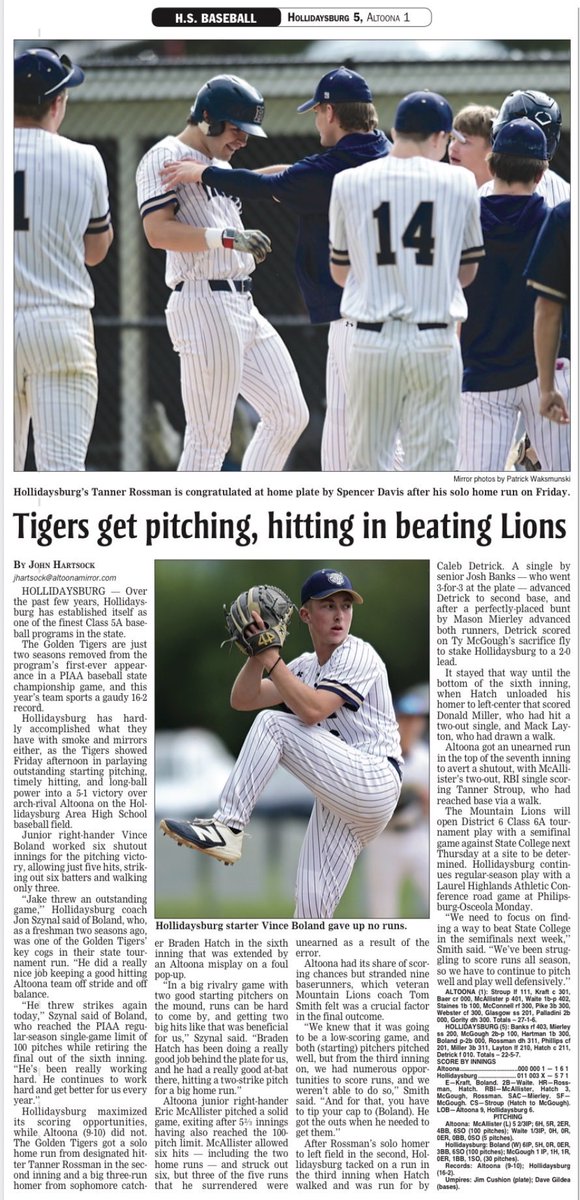 HburgBaseball2's tweet photo. The Tigers beat Altoona 5-1

2 big HR blasts from Tanner Rossman &amp; @braden_hatch01 keyed the offense.  💣💣
@jbanks171 delivered 3 hits. 💪

@vincent_b214 went 6 innings giving up 0 runs striking out 6.  @TMcGough22 pitched the 7th with 3 strikeouts.

Go Tigers! https://t.co/p0OyVh4ZGx