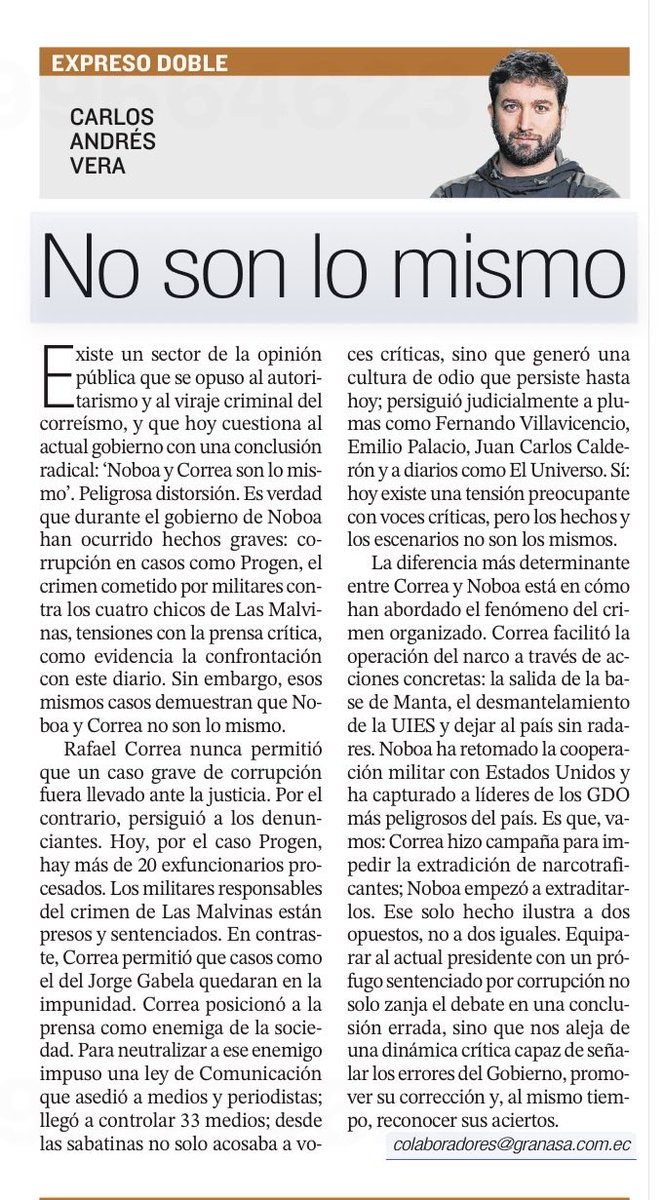Hoy, en <a href="/Expresoec/">Diario Expreso</a>. Que Daniel repite lo mismo que hizo Rafael. Que Rafael y Daniel son lo mismo, se escucha con cada vez más frecuencia en el debate público. Pues…