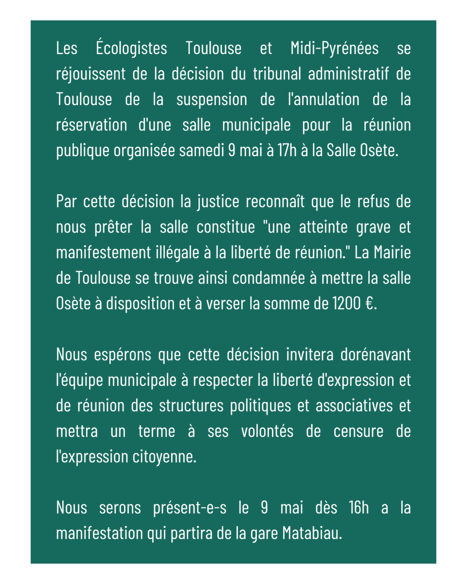 HeleneCabanes's tweet photo. La majorité de droite de @jlmoudenc
se pense-t-elle au-dessus des lois ?
Elle vient d'être condamnée au TA de #Toulouse pour atteinte à la liberté de reunion. Elle refusait de prêter 1 salle à @EELVToulouse
Et oui, nous sommes encore dans un État de droits ! https://t.co/w25tgcD8oH