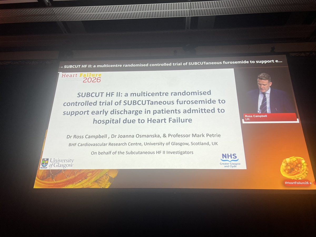 drbennisahmed's tweet photo. 🚨 SUBCUT HF II results at #HeartFailure26
Subcutaneous furosemide via wearable minipump to support early discharge in acute HF:
✅ 4 more days alive & out of hospital at 30 days
✅ Index LOS reduced by 5.5 days (5.6 vs 11.0 days)
✅ Benefit sustained to 60 days
✅ Higher GDMT use at 60 days in early discharge arm
✅ Patient-operated, well tolerated, low complication rate
A new patient-centred care pathway for worsening HF & congestion 🏥➡️🏠
Campbell et al. @BHFCentre @UofGlasgow