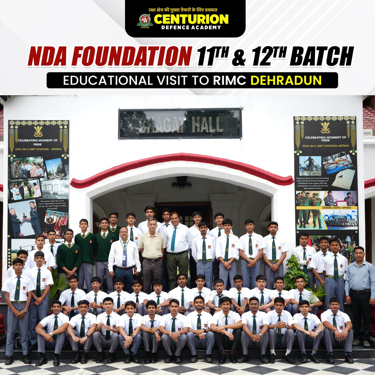 centurionaca's tweet photo. Glimpsing the Future of Leadership at RIMC Dehradun!
There is no motivation quite like seeing your dream in person. Our NDA Foundation (11th &amp; 12th) Batch recently embarked on an unforgettable educational visit to the prestigious Rashtriya Indian Military College (RIMC), Dehradun https://t.co/I3wSpTILz5