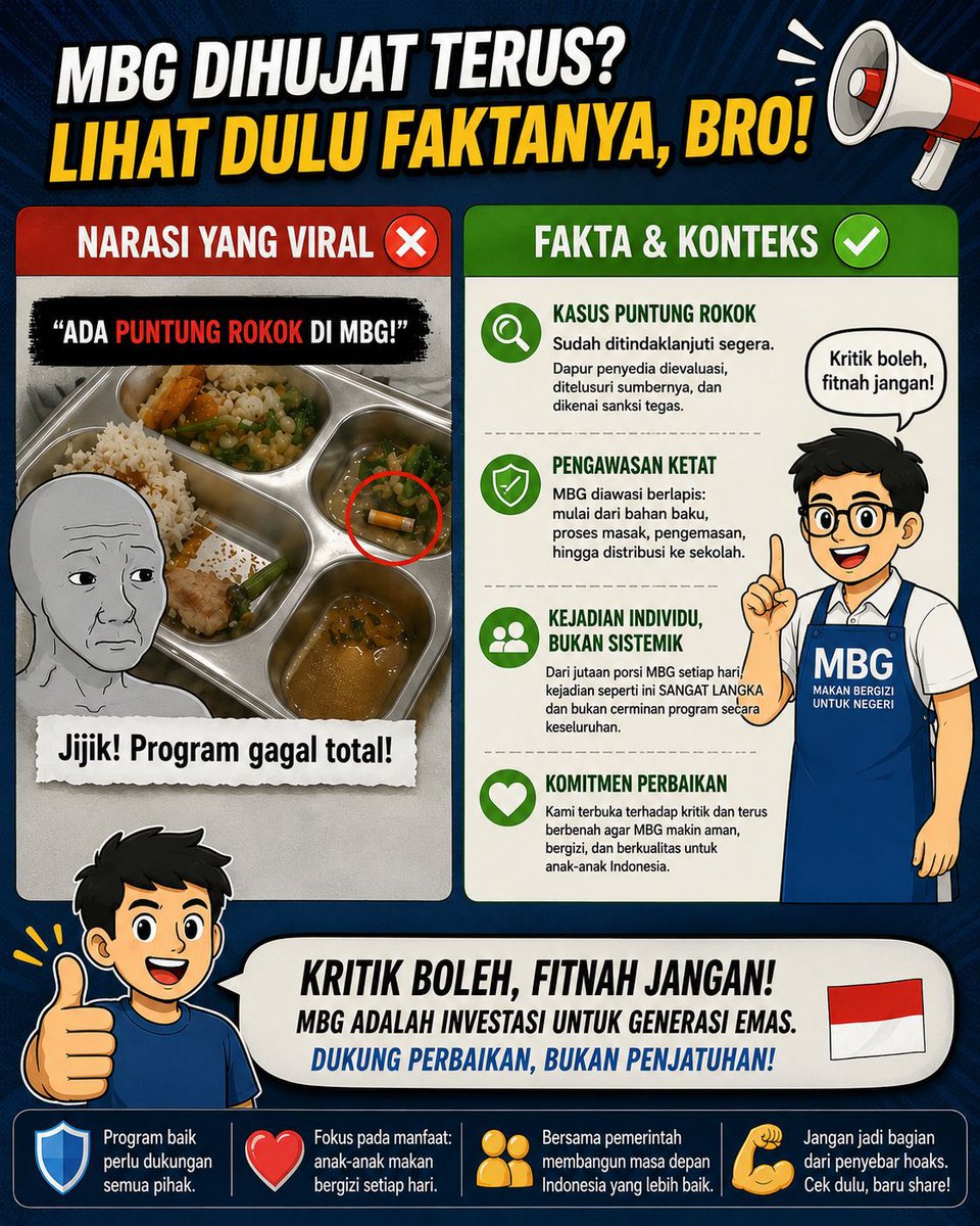 jayaprnm's tweet photo. Kritik terhadap kebijakan itu wajar, namun fitnah tidak perlu. Mari dukung MBG sebagai investasi terbaik untuk mempersiapkan generasi emas yang lebih cemerlang di masa depan! https://t.co/2cBjapVRz8
