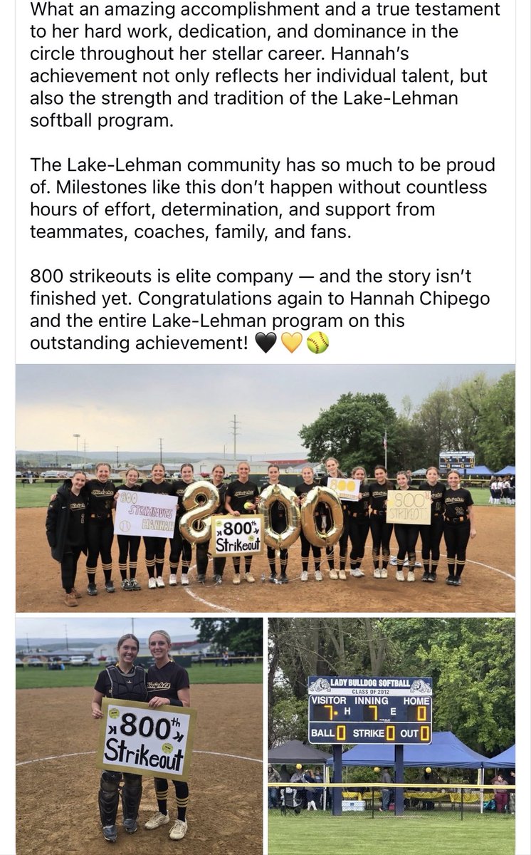 LehmanSoftball's tweet photo. Congratulations to Hannah Chipego on reaching an incredible milestone of 800 career strikeouts! 🖤💛@hannah_chipego https://t.co/xkSgDW3msM