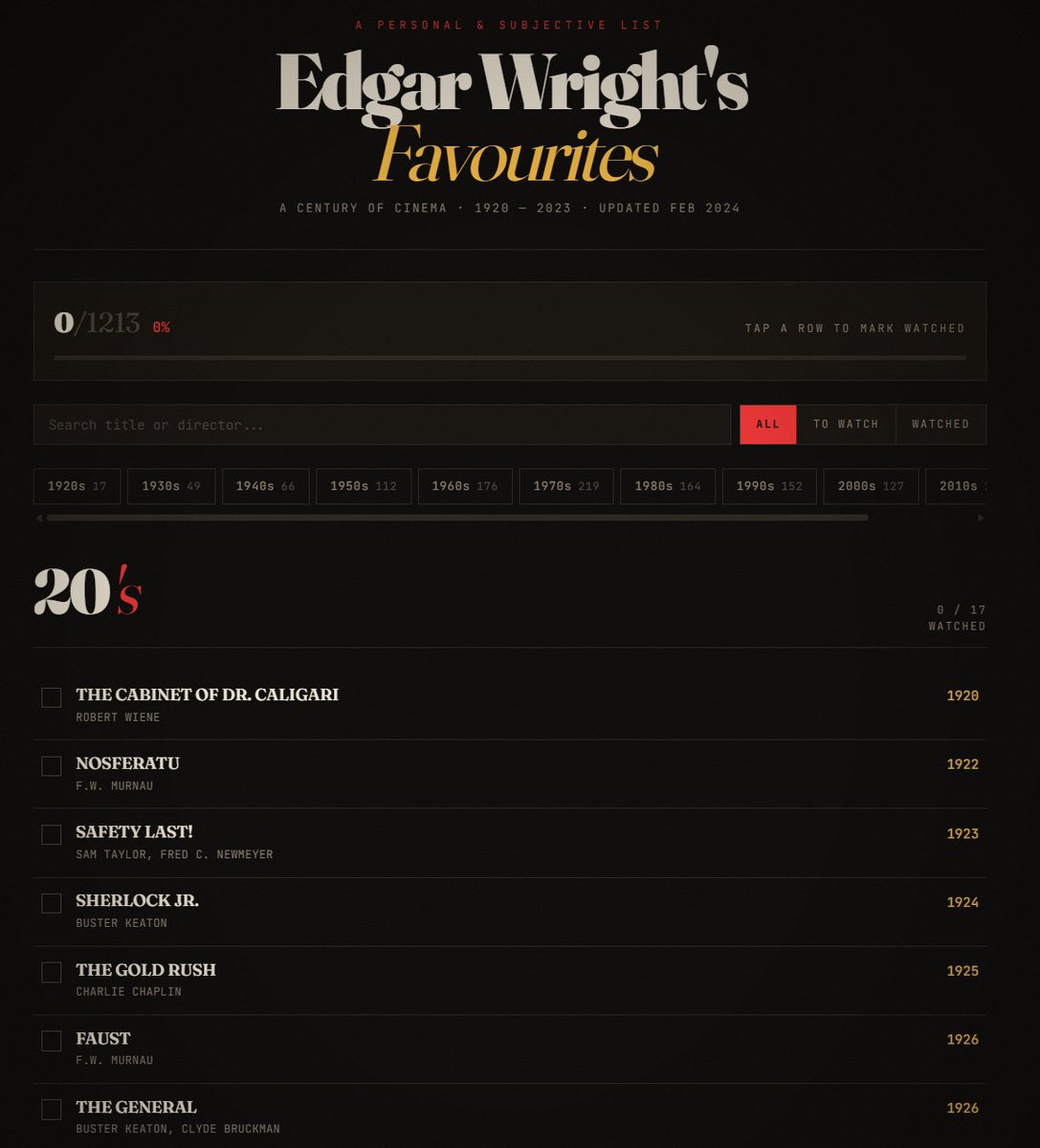 fnordcorps's tweet photo. For the lazy movie lovers out there - here is a simple and free downloadable/interactive check-list I built for the @edgarwright  '1000 film picks' that works in any browser.

https://t.co/FlgIkVTohe

Enjoy https://t.co/d1OEuhtU0q