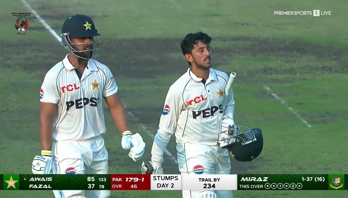 PAKISTAN 179/1 ON DAY 2 STUMPS. 

Azan Awais - 85* (133).
Abdullah Fazal - 37* (78).

- Trail by 234 runs. Brilliant comeback by Pakistan team after a tough Day 1. 👏