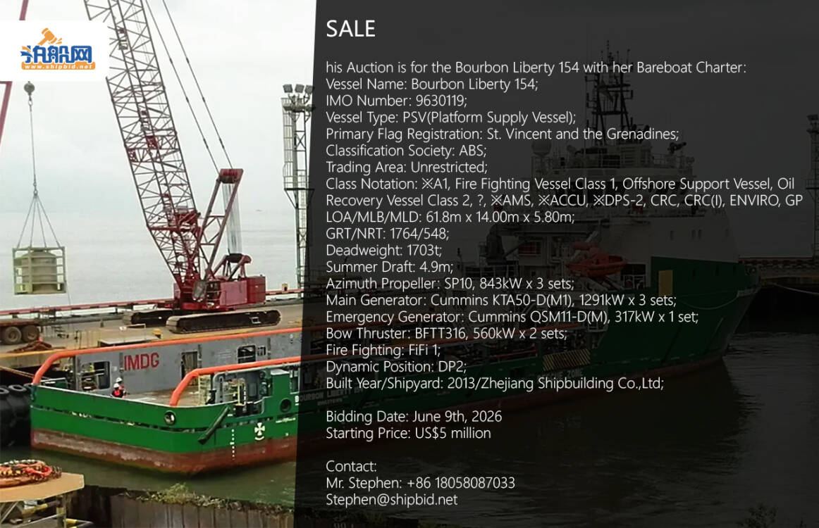 ShipbidNet's tweet photo. #SALE

Bourbon Liberty 154 with her Bareboat Charter
PSV(Platform Supply Vessel)
LOA/MLB/MLD: 61.8m x 14.00m x 5.80m;
GRT/NRT: 1764/548;
Built: 2013 China

Bidding Date: June 9, 2026
Starting Price: US$5 M

Contact:
Mr. Stephen: +86 18058087033
Stephen@shipbid.net

#SHIPBIDNET https://t.co/VXZPrXzbvW