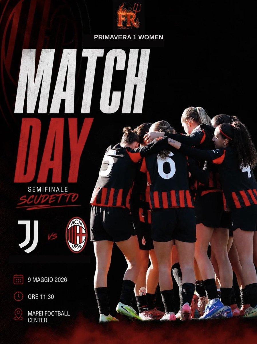 AltraFacciaDiFR's tweet photo. Matchday Primavera Femminile

Novanta minuti per lasciare il segno del Diavolo🔥
È semifinale Scudetto.
È Juve-Milan.

Forza Ragazze 🔴⚫️

📺 Live canale YouTube Serie A Women

#FollowTheRossonere https://t.co/fuHS5443xG