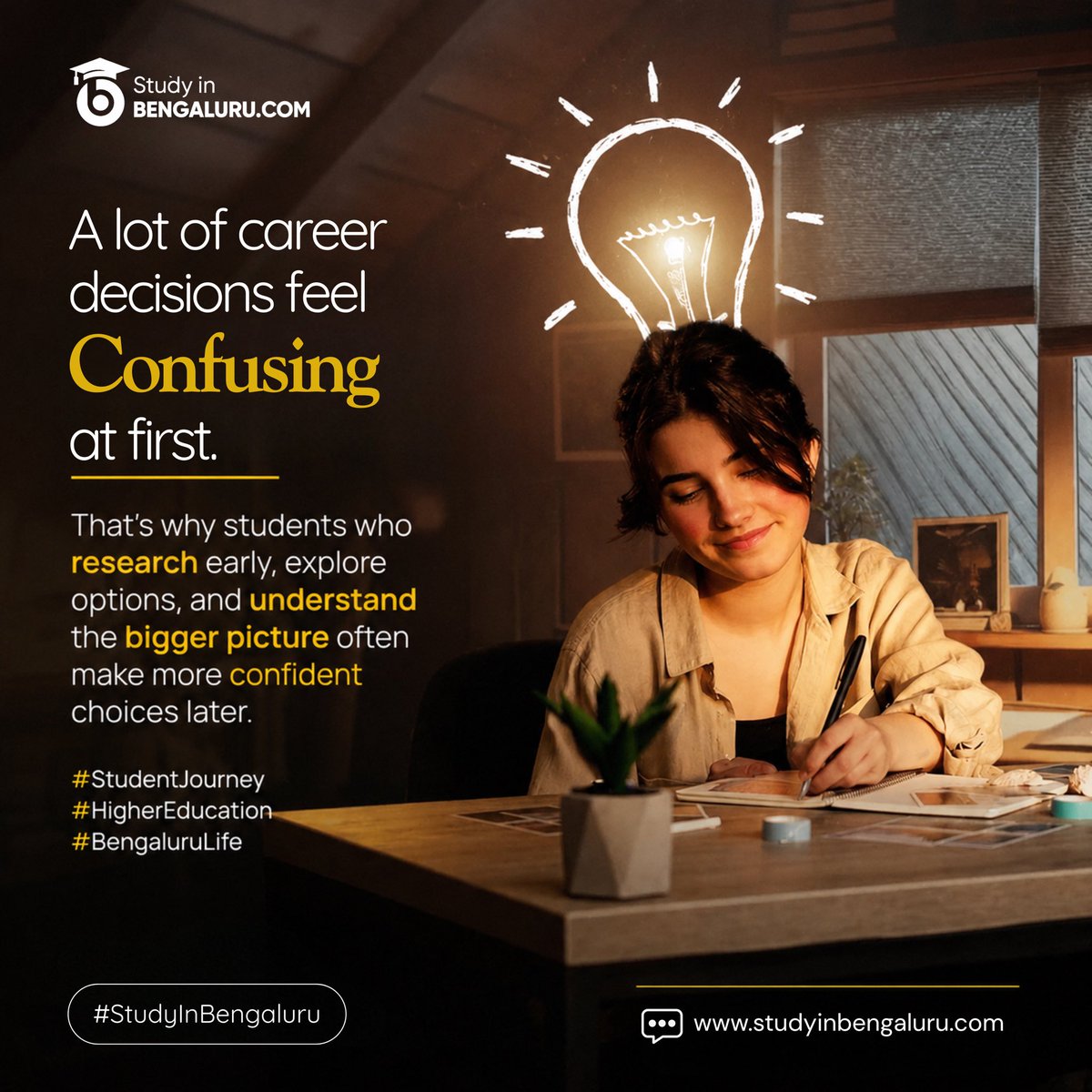 Studyinbengalur's tweet photo. Clarity comes to those who explore. If you're feeling stuck, start researching early to turn that confusion into a solid plan. ✨
 #HigherEducation #CareerGrowth  #StudyInBengaluru https://t.co/TK6qYed6cc