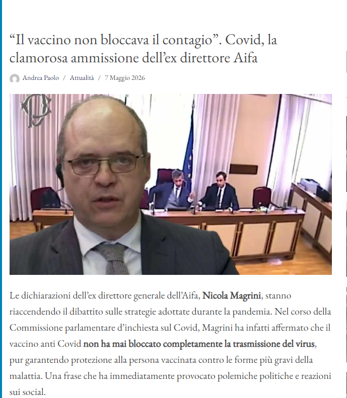 Ma voi pensate che la massa sia al corrente delle rivelazioni di Magrini (capo dell'AIFA) sul fatto che sapevano bene che i liquami mRna non fermassero il contagio e fossero completamente inutili?