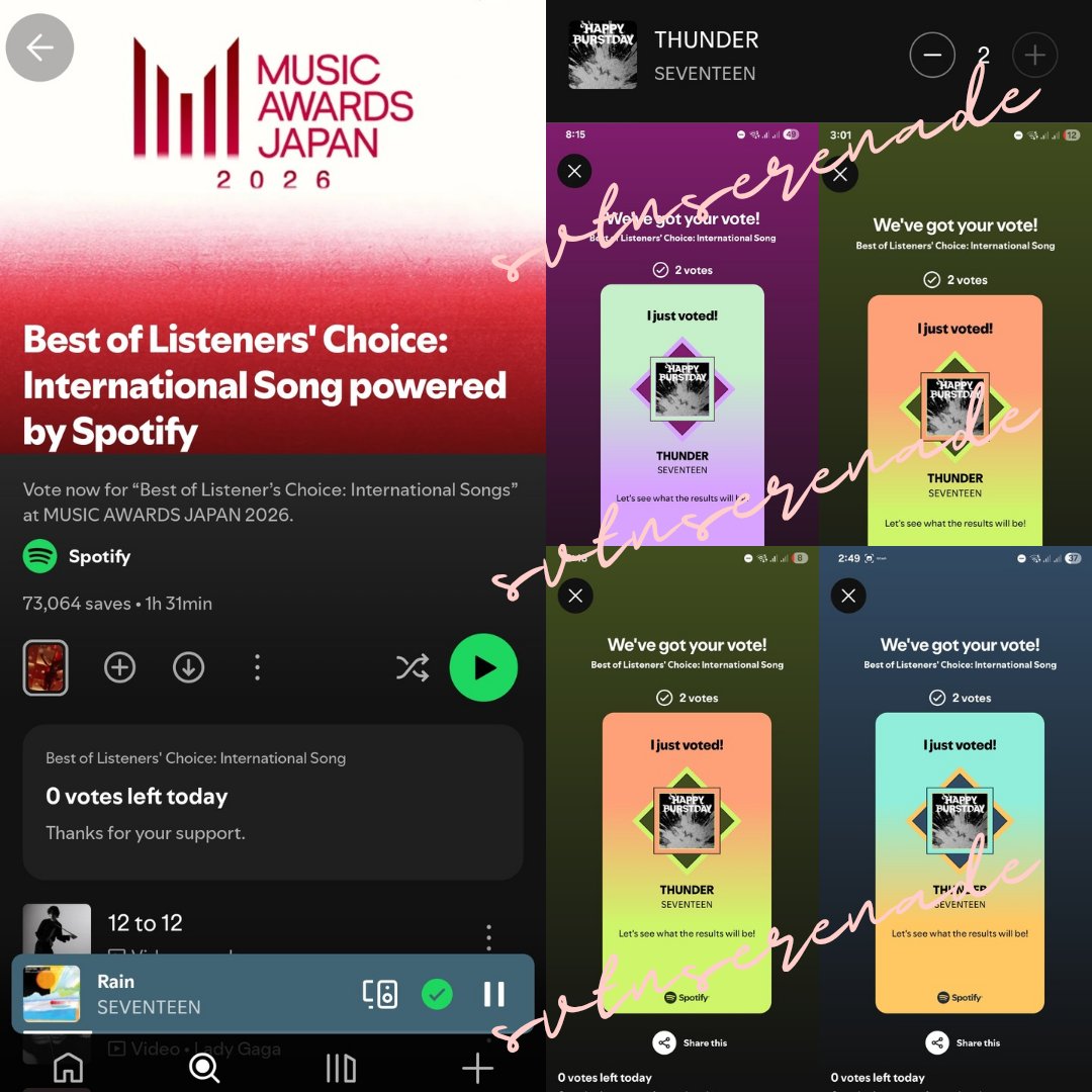 svtnserenade's tweet photo. CARATS, PLEASE VOTE FOR SEVENTEEN THUNDER ON SPOTIFY

📌 Music Awards Japan 2026 - Best of Listeners’ Choice: International Song

✅ Premium accs: 2 votes per day
✅️ Free accs: 1 vote per day
✅️ Voting is until May 20, 2026

🔗 https://t.co/vFpRPNGBXI https://t.co/vYgl3VNX2m