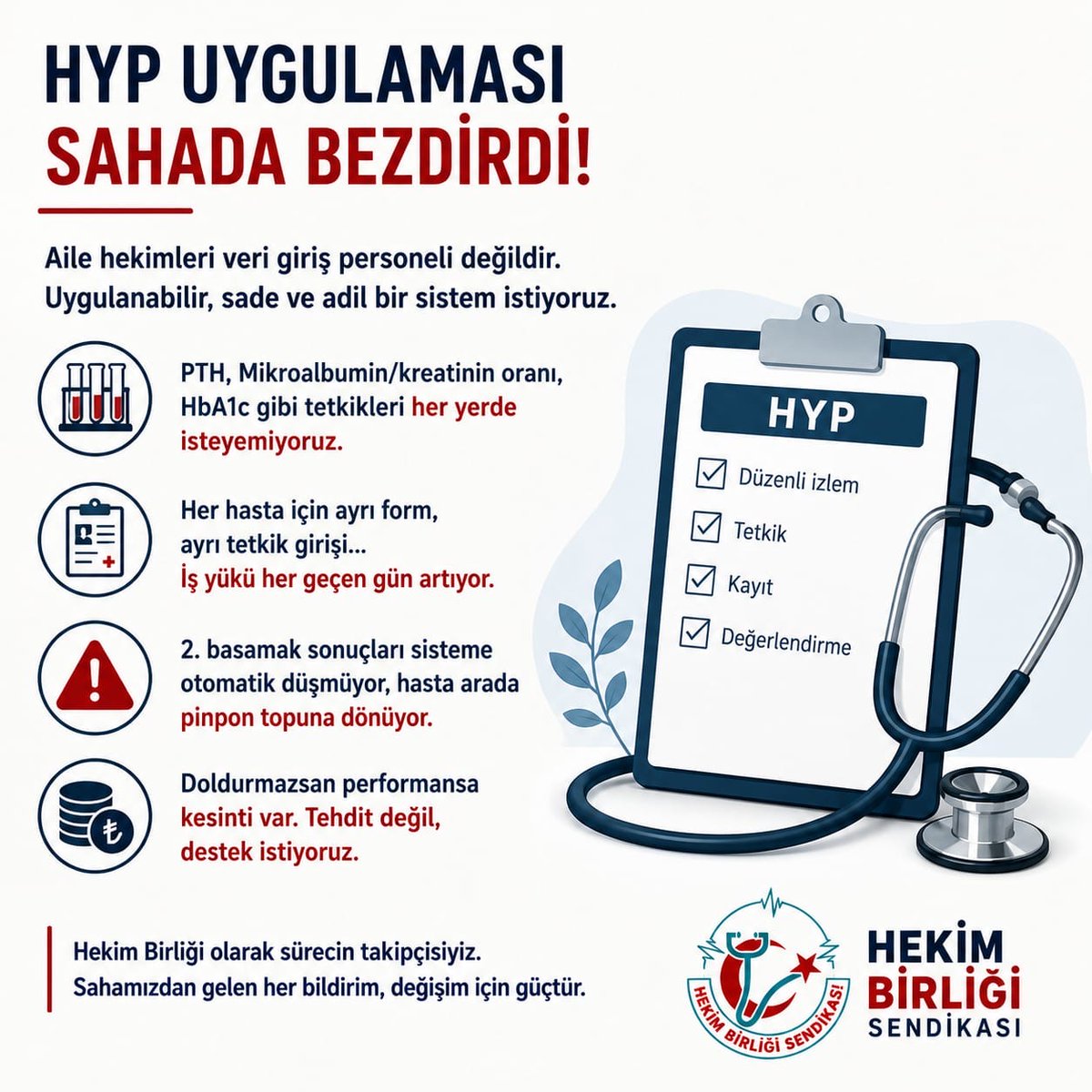hekim_birligi's tweet photo. 📌 Aile Hekimliği sistemi; tedavi edici değil, koruyucu hekimlik sistemidir.

Ancak bugün aile hekimlerimiz;
⚠️ Mesai saatleri içinde doldurulması fiilen mümkün olmayan yüzlerce HYP kaydı,
⚠️ Onlarca rapor yükü,
⚠️ Kuruma gelmeyen hasta nedeniyle yapılan performans kesintileri,
⚠️ Sürekli artan bürokratik işlemler altında ezilmektedir.

Koruyucu hekimlik yerine veri girişine zorlanan bir sistem sürdürülebilir değildir.

COVID-19 döneminde aile hekimliğinin ve koruyucu hekimliğin toplum sağlığı açısından ne kadar hayati olduğu açıkça görülmüştür.

Bugün artan bulaşıcı hastalık riskleri ve Hanta virüs tehdidi karşısında da güçlü bir koruyucu sağlık sistemi zorunluluktur.

📌 Aile hekimlerimizin angarya bürokrasi yerine yeniden koruyucu hekimlik hizmetine odaklanabilmesi için Sağlık Bakanlığı’nı acilen gerekli düzenlemeleri yapmaya davet ediyoruz.

#HekimBirliği
#AileHekimliği

@saglikbakanligi @drmemisoglu