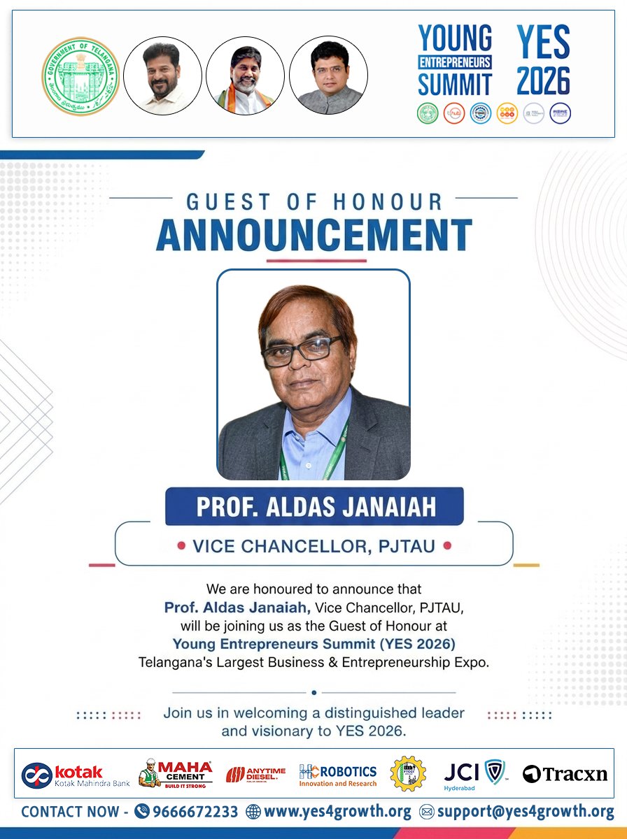 yes4growth's tweet photo. Honoured to welcome Prof. Aldas Janaiah as the Guest of Honour at Young Entrepreneurs Summit 2026!
YES 2026 is bringing together startups, entrepreneurs &amp; industry leaders on Telangana’s biggest growth platform.
Visit: https://t.co/dn11KOI66n
#YES2026 #YoungEntrepreneursSummit https://t.co/Xog6SESezz