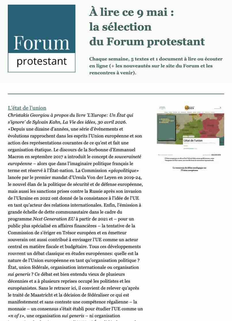 ForProtestant's tweet photo. État européen, associations, guerre, Lacarrière, petites annonces, démocratie émotionnelle, mort, voies, prison, Aron.. : la sélection du Forum est en ligne. https://t.co/7vtDAW0QTI https://t.co/W3phPzVpx8