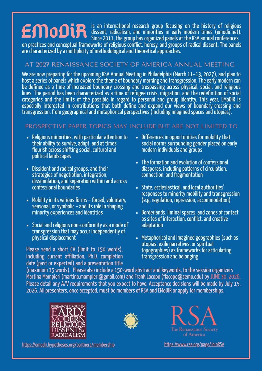 _EMoDiR_'s tweet photo. #CfP 📢 The latest EMoDiR american meeting has barely concluded, and we are already excited to announce the theme of our next gathering at #RSA2027!

Please circulate widely 🤗

#EarlyModern #ReligiousMinorities #MigrationHistory #ReligiousDissent @RSAorg https://t.co/glEFbbjwjJ