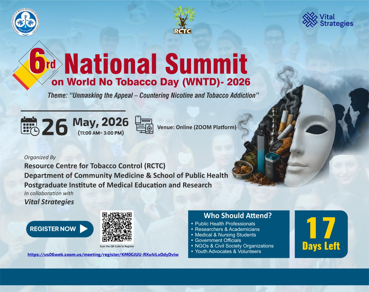 RCTCPGI's tweet photo. 🚭 Join Us for the 6th National Summit on World No Tobacco Day (WNTD) – 2026
The Resource Centre for Tobacco Control (RCTC), Department of Community Medicine &amp; School of Public Health, PGIMER, in collaboration with Vital Strategies, is organizing the 6th National Summit. https://t.co/MghR48WqB5