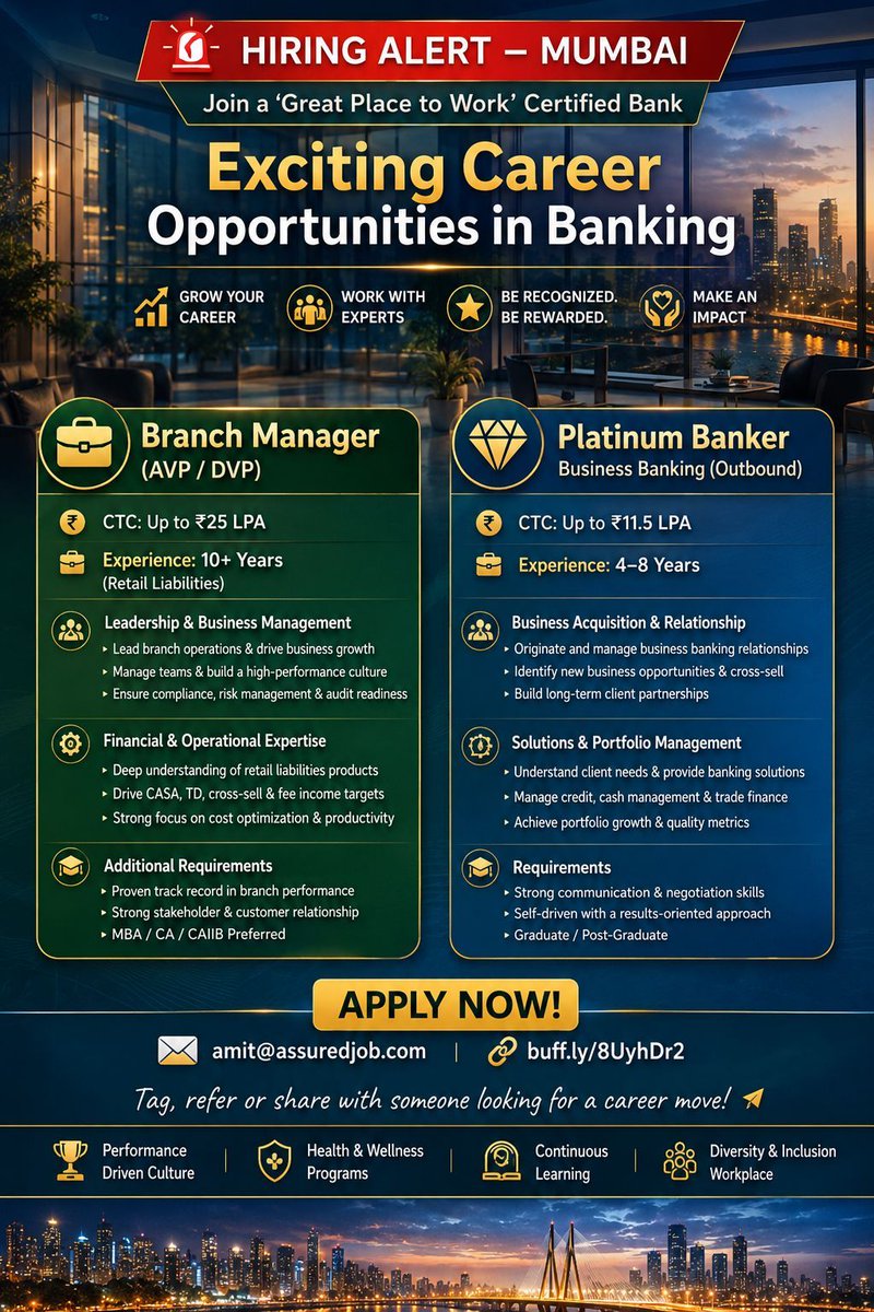iamit7's tweet photo. A leading private bank is hiring in Mumbai.

Interested candidates can share their updated CV at: amit@assuredjob.com.

Join our exclusive WhatsApp community: https://t.co/n80rLBeQZ1.

#WealthSales #PortfolioManagement #HNISales #CASA #RetailBanking #HNIClients #LiabilitiesSales https://t.co/zrACHVSwjM